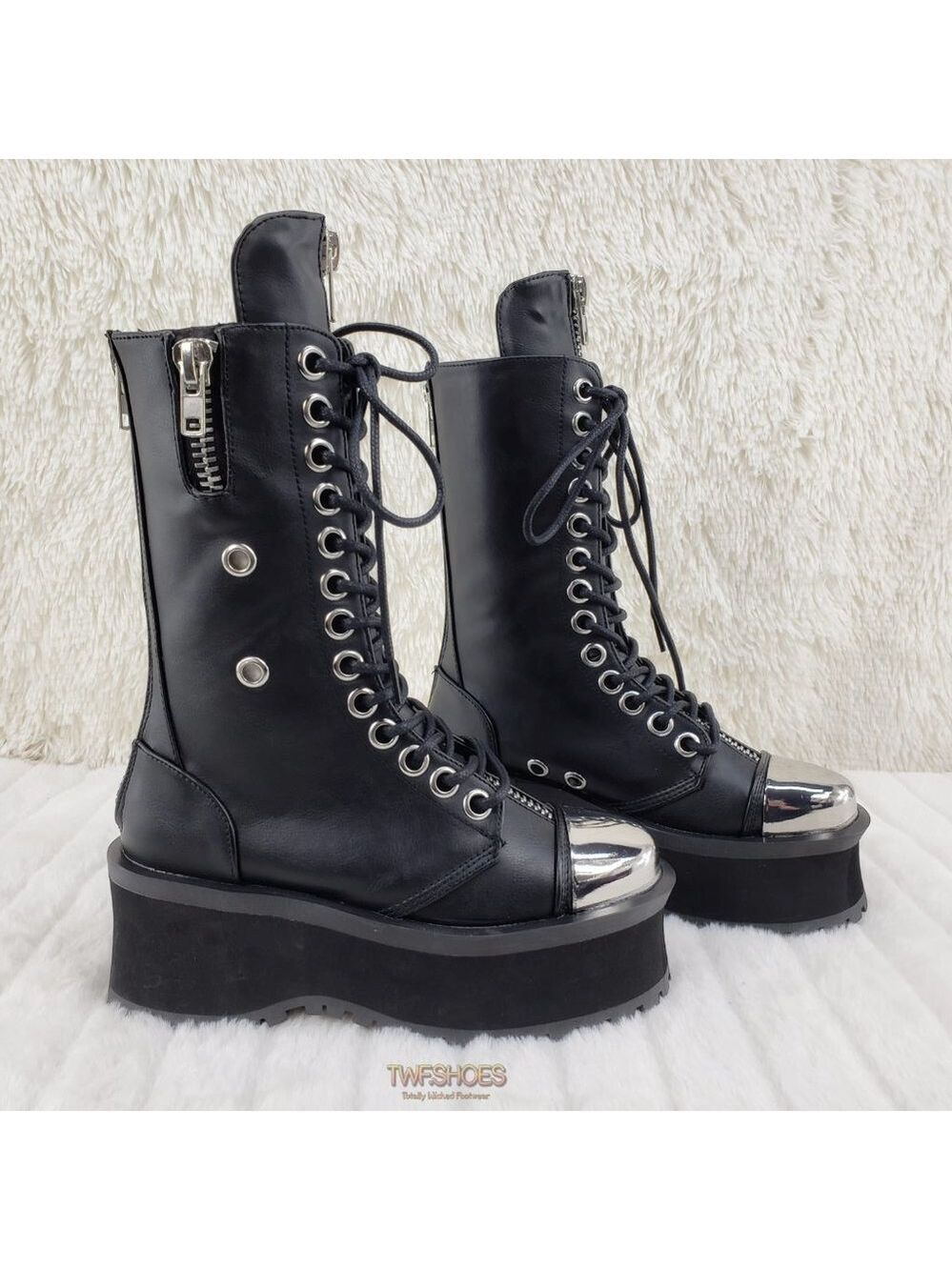 Gravedigger Chrome Toe Cap Platform Goth Punk Boots - Picture 7 of 12